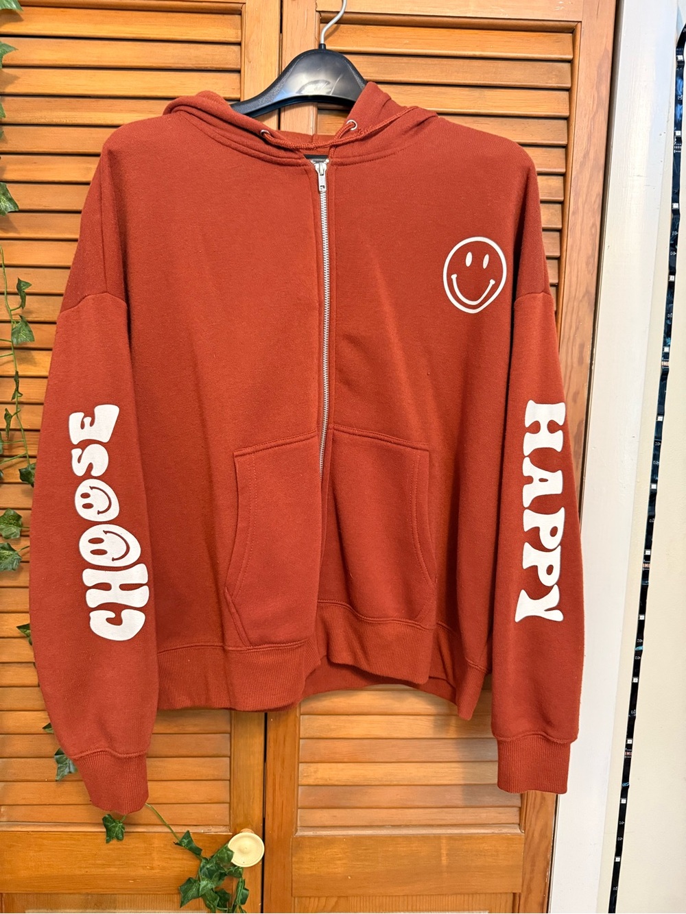 Choose Happy Zip Hoodie Jacket - Rust Red